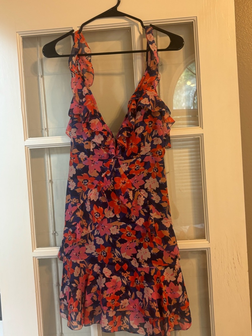 Storia Floral Ruffle Mini Dress in Navy with Pink & Orange Flowers